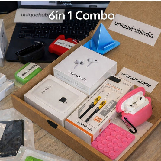 6 in 1  combo - UNIQue PODS PRO 2  FREE MAGSAFE POWERPACK 10000 MAH FREE 4 IN 1 MULTI CHARGING CABLE with silicon cover with sticky pods with mobile stand